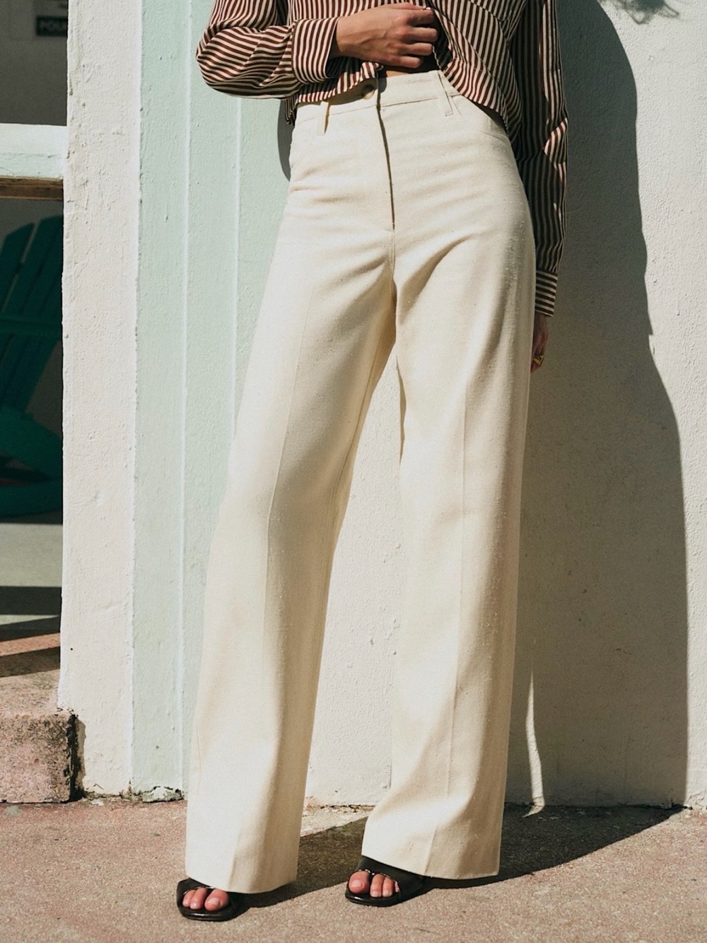 Sezane Soan Ecru High-Waist Wide-Leg Trousers size 10
